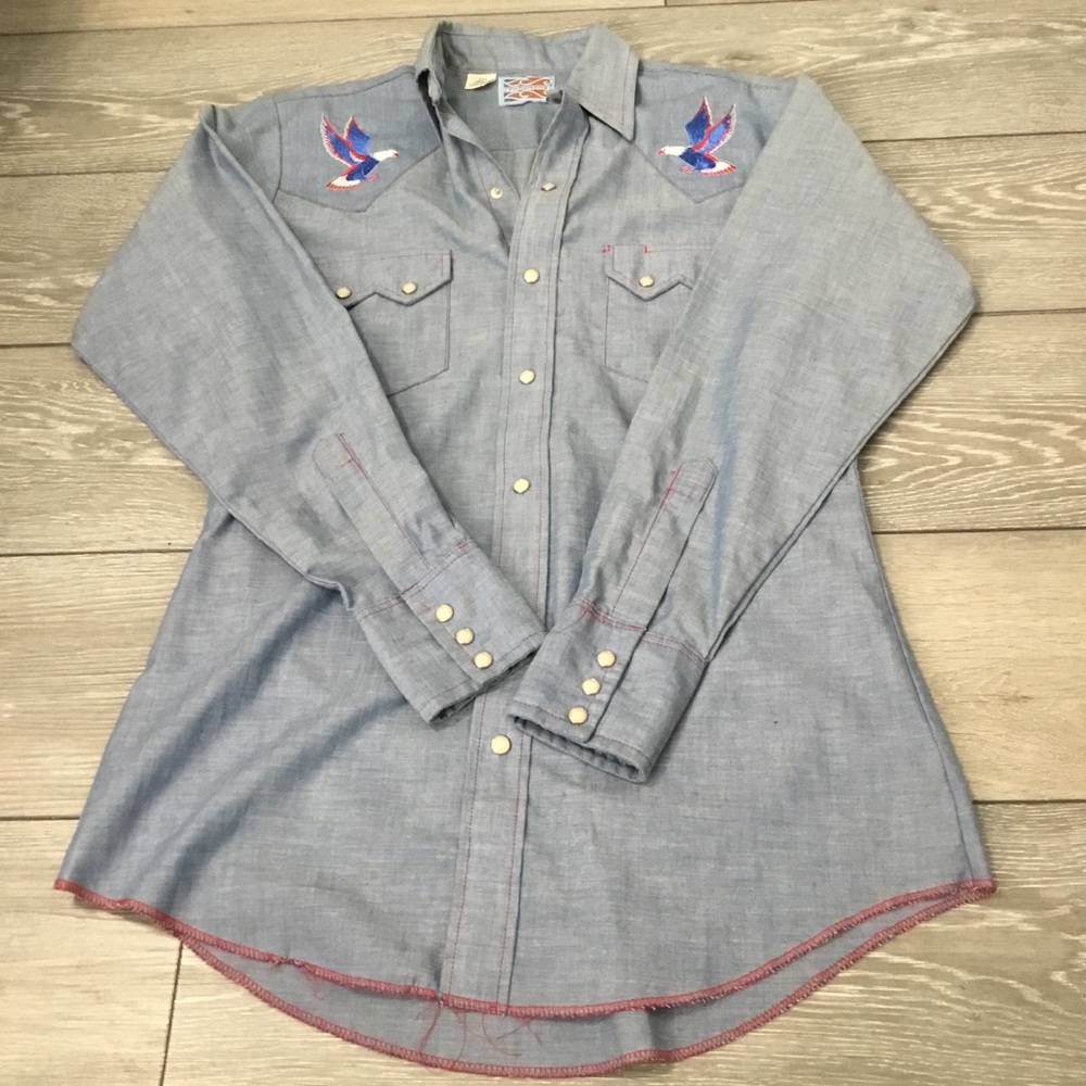 Vintage Western Pardners Pearl Snap Embroidered Eagle chambray Top S